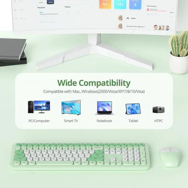 Alt view image 6 of 6 - Typewriter Wireless Keyboard and Mouse Combo,2.4G Office 104 Keys Full-Sized Retro Punk Keyboard,Cute Black with Round Keycaps for Laptop PC Desktops (Green White)