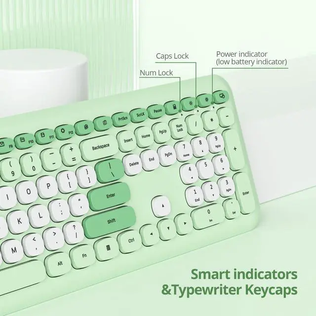 Alt view image 5 of 6 - Typewriter Wireless Keyboard and Mouse Combo,2.4G Office 104 Keys Full-Sized Retro Punk Keyboard,Cute Black with Round Keycaps for Laptop PC Desktops (Green White)