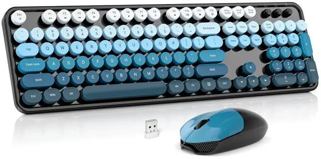 Main image of Wireless Keyboard and Mouse Combo, Full Size Typewriter Retro Round Computer Keyboard, Cute Optical Mouse, 2.4G Plug and Play, Compatible with Laptop, PC, Desktop, Computer - Black Blue Gradient