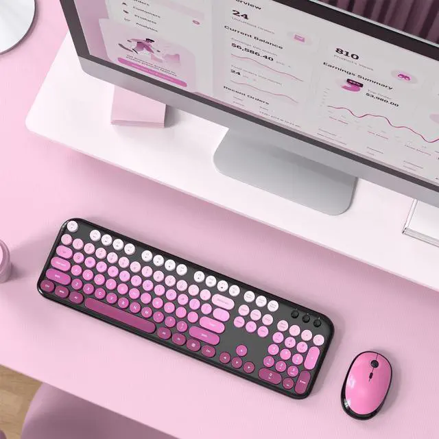 Alt view image 7 of 7 - Wireless Keyboard and Mouse Combo, Cute Keyboard Full Size and Wireless Mouse, 2.4GHz Retro Typewriter Keyboard Mouse Set for PC/Desktop/Laptop/Windows (Black Pink)