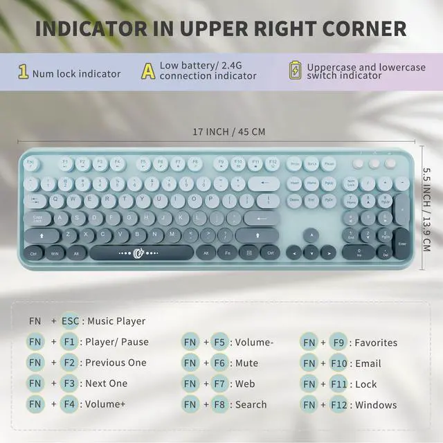 Alt view image 2 of 7 - Wireless Keyboard and Mouse Combo Cute Colorful Keyboard and Mouse, Retro Typewriter Keyboard with 2.4GHz Plug & Play, for Windows 11/10/7, Laptop, PC (Blue)