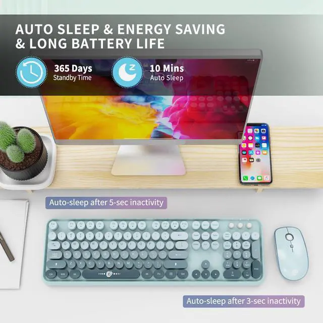 Alt view image 3 of 7 - Wireless Keyboard and Mouse Combo Cute Colorful Keyboard and Mouse, Retro Typewriter Keyboard with 2.4GHz Plug & Play, for Windows 11/10/7, Laptop, PC (Blue)