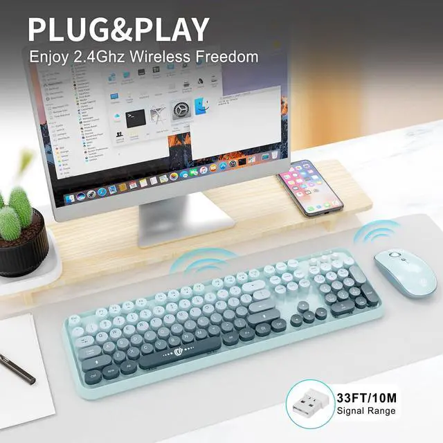 Alt view image 5 of 7 - Wireless Keyboard and Mouse Combo Cute Colorful Keyboard and Mouse, Retro Typewriter Keyboard with 2.4GHz Plug & Play, for Windows 11/10/7, Laptop, PC (Blue)