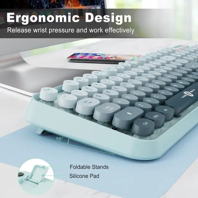 Alt view image 6 of 7 - Wireless Keyboard and Mouse Combo Cute Colorful Keyboard and Mouse, Retro Typewriter Keyboard with 2.4GHz Plug & Play, for Windows 11/10/7, Laptop, PC (Blue)