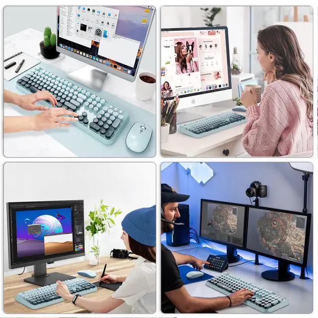Alt view image 7 of 7 - Wireless Keyboard and Mouse Combo Cute Colorful Keyboard and Mouse, Retro Typewriter Keyboard with 2.4GHz Plug & Play, for Windows 11/10/7, Laptop, PC (Blue)