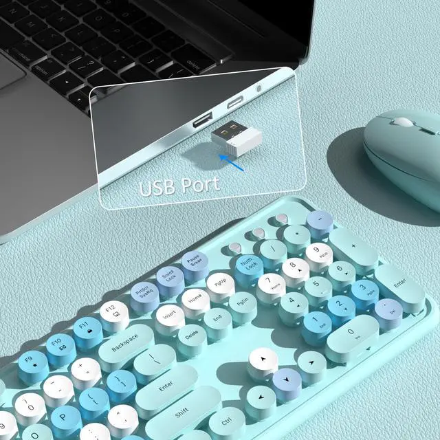 Alt view image 4 of 6 - Colorful Wireless Keyboard and Mouse Combo, 2.4GHz Wireless Retro Cute Round Keycaps Keyboard, 104 Keys Full-Sized Keyboard Mouse Set with Switch Button for PC Laptop Desktop (Blue Colorful)