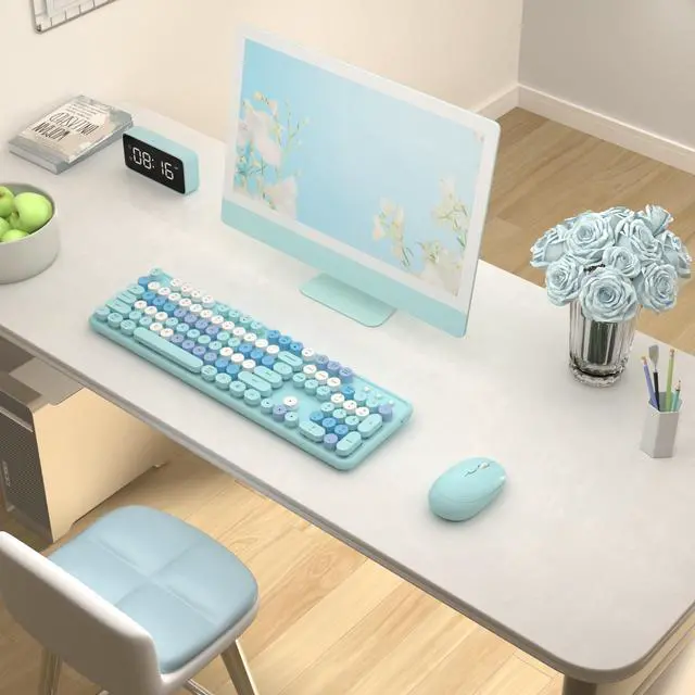 Alt view image 2 of 6 - Colorful Wireless Keyboard and Mouse Combo, 2.4GHz Wireless Retro Cute Round Keycaps Keyboard, 104 Keys Full-Sized Keyboard Mouse Set with Switch Button for PC Laptop Desktop (Blue Colorful)