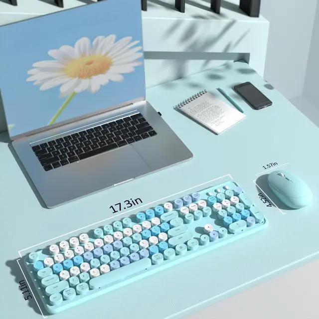 Alt view image 6 of 6 - Colorful Wireless Keyboard and Mouse Combo, 2.4GHz Wireless Retro Cute Round Keycaps Keyboard, 104 Keys Full-Sized Keyboard Mouse Set with Switch Button for PC Laptop Desktop (Blue Colorful)