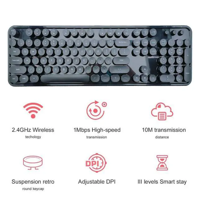 Alt view image 3 of 7 - Wireless Keyboard and Mouse Combo, Retro Style Keyboard with Round Keycaps, 2.4GHz Dropout-Free Connection Mouse with 3 Adjustable DPI for Windows Notebook PC (Black)