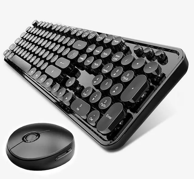 Main image of Wireless Keyboard and Mouse Combo, Retro Style Keyboard with Round Keycaps, 2.4GHz Dropout-Free Connection Mouse with 3 Adjustable DPI for Windows Notebook PC (Black)