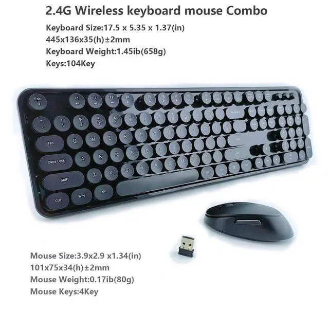 Alt view image 4 of 7 - Wireless Keyboard and Mouse Combo, Retro Style Keyboard with Round Keycaps, 2.4GHz Dropout-Free Connection Mouse with 3 Adjustable DPI for Windows Notebook PC (Black)
