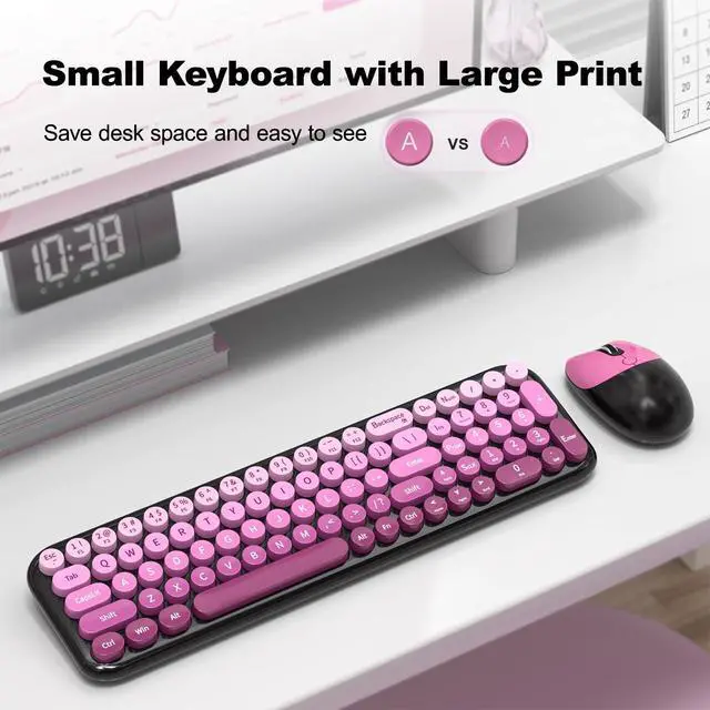 Alt view image 2 of 7 - Wireless Keyboard and Mouse Combo, 2.4GHz Colorful Full-Size Retro Typewriter Keyboard with Cat Shape 3 Level Adjustable Optical Mouse for PC/Desktop/Laptop/Windows (Black Pink)