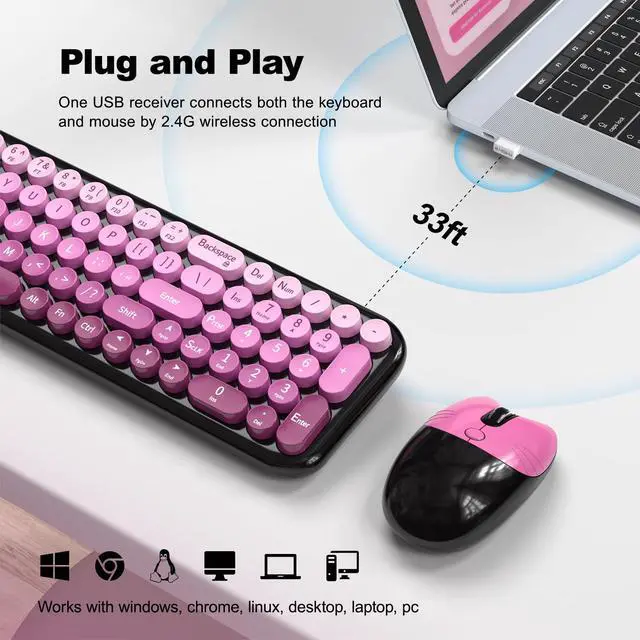 Alt view image 3 of 7 - Wireless Keyboard and Mouse Combo, 2.4GHz Colorful Full-Size Retro Typewriter Keyboard with Cat Shape 3 Level Adjustable Optical Mouse for PC/Desktop/Laptop/Windows (Black Pink)