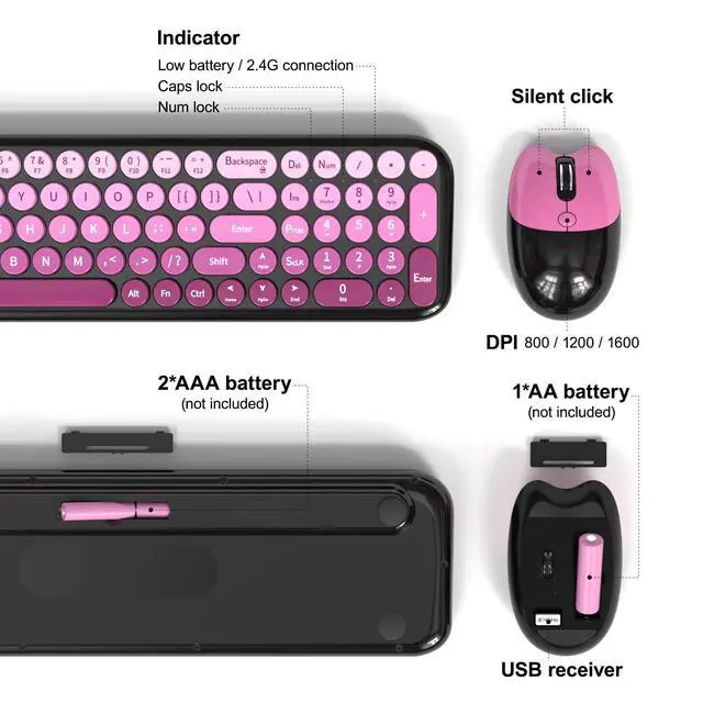 Alt view image 4 of 7 - Wireless Keyboard and Mouse Combo, 2.4GHz Colorful Full-Size Retro Typewriter Keyboard with Cat Shape 3 Level Adjustable Optical Mouse for PC/Desktop/Laptop/Windows (Black Pink)