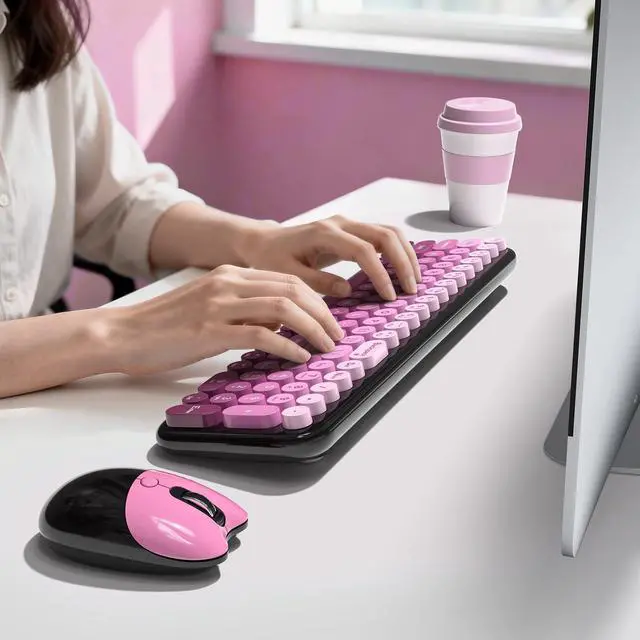 Alt view image 6 of 7 - Wireless Keyboard and Mouse Combo, 2.4GHz Colorful Full-Size Retro Typewriter Keyboard with Cat Shape 3 Level Adjustable Optical Mouse for PC/Desktop/Laptop/Windows (Black Pink)