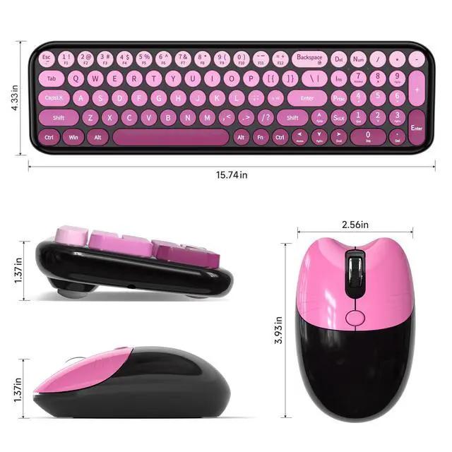 Alt view image 7 of 7 - Wireless Keyboard and Mouse Combo, 2.4GHz Colorful Full-Size Retro Typewriter Keyboard with Cat Shape 3 Level Adjustable Optical Mouse for PC/Desktop/Laptop/Windows (Black Pink)