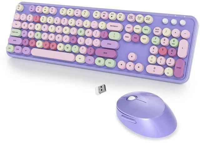 Main image of Wireless Keyboard and Mouse Set, Retro Typewriter 2.4GHz Full Size 104-Key Cute Colorful Keyboard with Number Pad Round Keycaps for Windows PC Laptop(Colorful Purple)