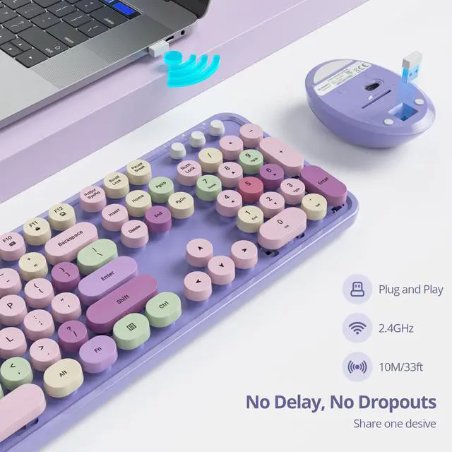 Alt view image 3 of 7 - Wireless Keyboard and Mouse Set, Retro Typewriter 2.4GHz Full Size 104-Key Cute Colorful Keyboard with Number Pad Round Keycaps for Windows PC Laptop(Colorful Purple)