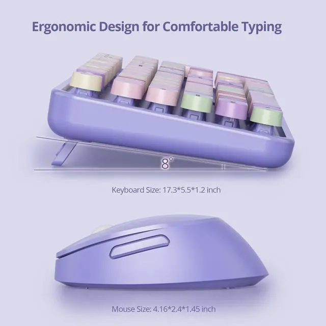 Alt view image 4 of 7 - Wireless Keyboard and Mouse Set, Retro Typewriter 2.4GHz Full Size 104-Key Cute Colorful Keyboard with Number Pad Round Keycaps for Windows PC Laptop(Colorful Purple)