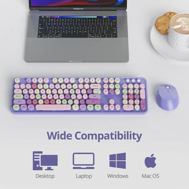 Alt view image 2 of 7 - Wireless Keyboard and Mouse Set, Retro Typewriter 2.4GHz Full Size 104-Key Cute Colorful Keyboard with Number Pad Round Keycaps for Windows PC Laptop(Colorful Purple)