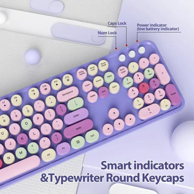 Alt view image 6 of 7 - Wireless Keyboard and Mouse Set, Retro Typewriter 2.4GHz Full Size 104-Key Cute Colorful Keyboard with Number Pad Round Keycaps for Windows PC Laptop(Colorful Purple)