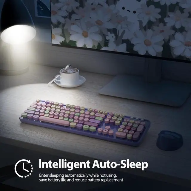 Alt view image 5 of 7 - Wireless Keyboard and Mouse Set, Retro Typewriter 2.4GHz Full Size 104-Key Cute Colorful Keyboard with Number Pad Round Keycaps for Windows PC Laptop(Colorful Purple)