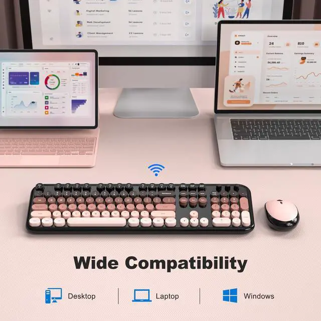 Alt view image 4 of 7 - Wireless Keyboard and Mouse Combo, Typewriter Full Size Retro Keyboard with Number Pad, Ergonomic Design for Windows 7 8 10 11 PC Laptop Desktop, Home and Office Use
