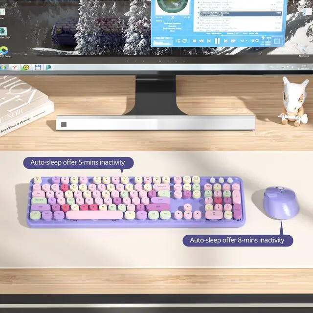 Alt view image 7 of 7 - Wireless Keyboard and Mouse Set, Retro Typewriter 2.4GHz Full Size 104-Key Cute Colorful Keyboard with Number Pad Round Keycaps for Windows PC Laptop(Colorful Purple)
