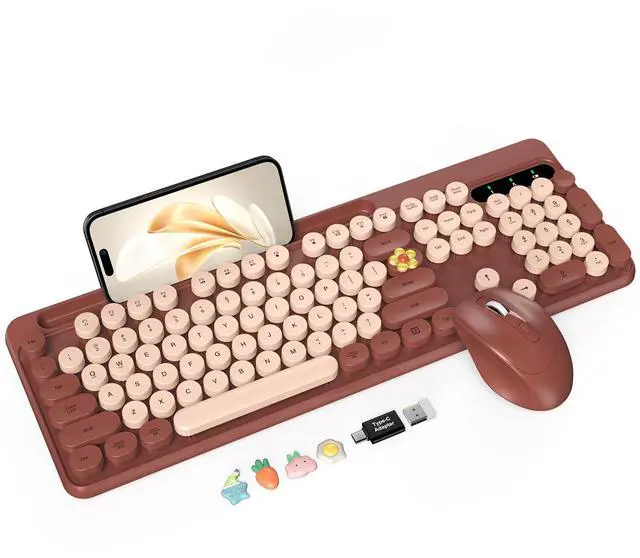 Main image of Wireless Keyboard and Mouse Combo, Retro Round Keycaps, Full-Size Cute Typewriter Keyboard with Large Phone/Tablet Holder, Auto-Sleep, 2.4GHz Cordless Connection for Windows/PC/Laptop (Wine Red)