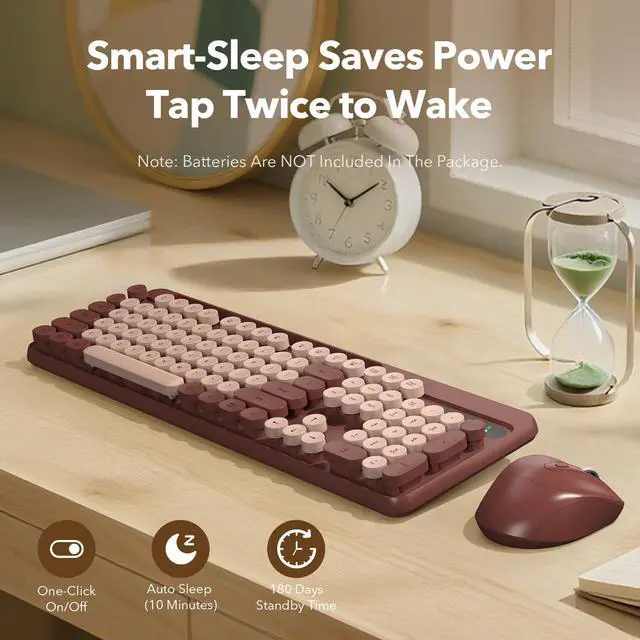 Alt view image 5 of 7 - Wireless Keyboard and Mouse Combo, Retro Round Keycaps, Full-Size Cute Typewriter Keyboard with Large Phone/Tablet Holder, Auto-Sleep, 2.4GHz Cordless Connection for Windows/PC/Laptop (Wine Red)