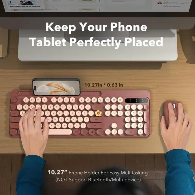 Alt view image 2 of 7 - Wireless Keyboard and Mouse Combo, Retro Round Keycaps, Full-Size Cute Typewriter Keyboard with Large Phone/Tablet Holder, Auto-Sleep, 2.4GHz Cordless Connection for Windows/PC/Laptop (Wine Red)