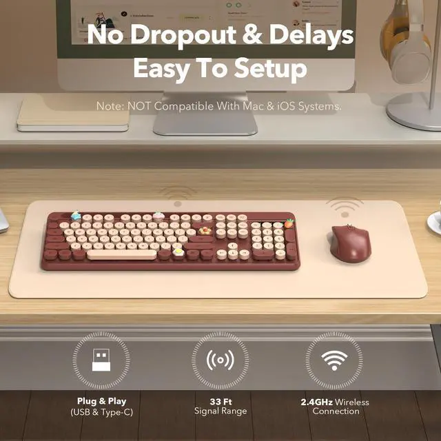 Alt view image 7 of 7 - Wireless Keyboard and Mouse Combo, Retro Round Keycaps, Full-Size Cute Typewriter Keyboard with Large Phone/Tablet Holder, Auto-Sleep, 2.4GHz Cordless Connection for Windows/PC/Laptop (Wine Red)