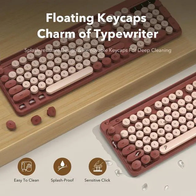 Alt view image 4 of 7 - Wireless Keyboard and Mouse Combo, Retro Round Keycaps, Full-Size Cute Typewriter Keyboard with Large Phone/Tablet Holder, Auto-Sleep, 2.4GHz Cordless Connection for Windows/PC/Laptop (Wine Red)