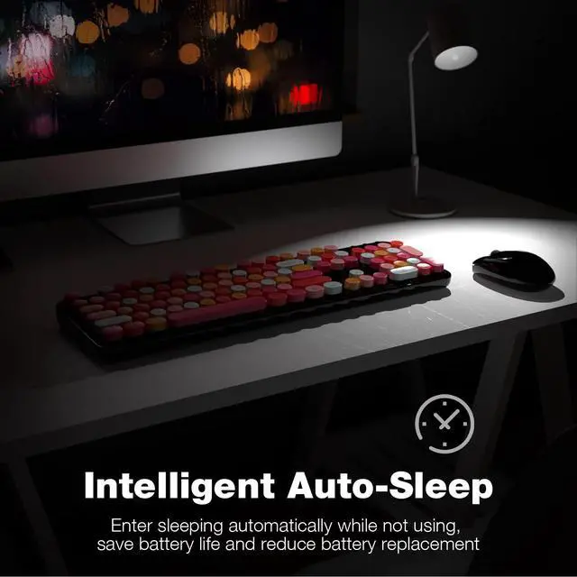 Alt view image 4 of 7 - Wireless Keyboard and Mouse Combo, Black Colorful Retro 2.4GHz Typewriter Keyboard with Cute Round Keycaps, DPI Adjustable Optical Wireless Mouse Compatible with PC Laptop