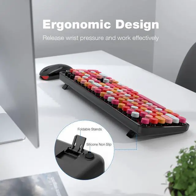 Alt view image 5 of 7 - Wireless Keyboard and Mouse Combo, Black Colorful Retro 2.4GHz Typewriter Keyboard with Cute Round Keycaps, DPI Adjustable Optical Wireless Mouse Compatible with PC Laptop