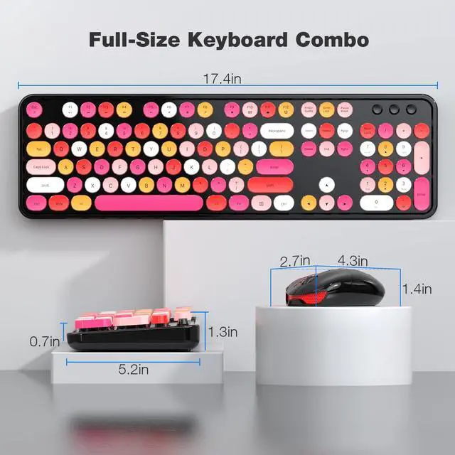 Alt view image 7 of 7 - Wireless Keyboard and Mouse Combo, Black Colorful Retro 2.4GHz Typewriter Keyboard with Cute Round Keycaps, DPI Adjustable Optical Wireless Mouse Compatible with PC Laptop