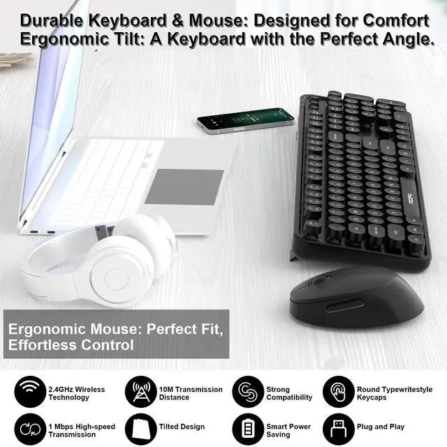 Alt view image 2 of 7 - Wireless Keyboard and Mouse Combo, 104 Keys Full-Size Retro Round Keys Typewriter Keyboards Ergonomic Keyboards and Mouse Wireless for Windows, PC, Laptop, Desktop Black