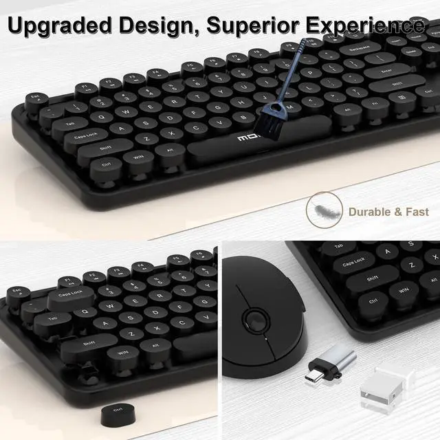 Alt view image 4 of 7 - Wireless Keyboard and Mouse Combo, 104 Keys Full-Size Retro Round Keys Typewriter Keyboards Ergonomic Keyboards and Mouse Wireless for Windows, PC, Laptop, Desktop Black