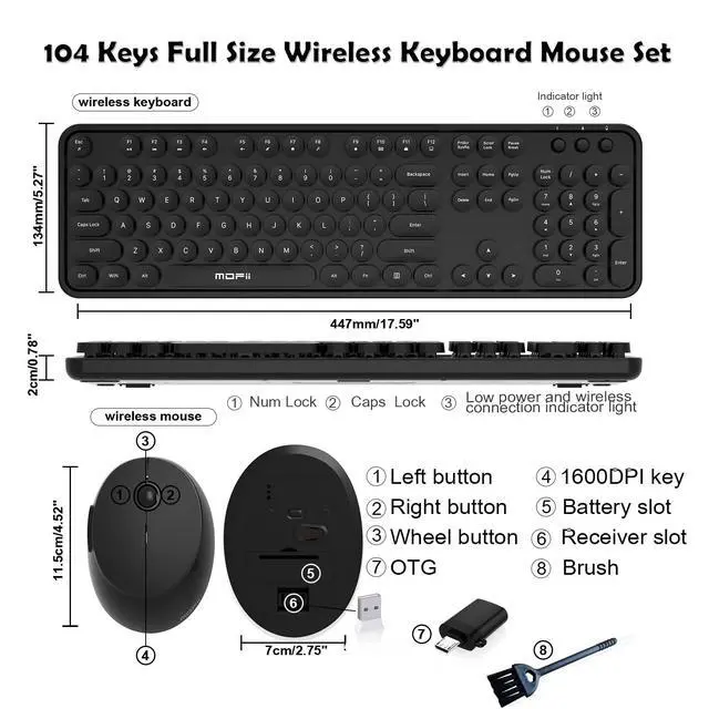 Alt view image 6 of 7 - Wireless Keyboard and Mouse Combo, 104 Keys Full-Size Retro Round Keys Typewriter Keyboards Ergonomic Keyboards and Mouse Wireless for Windows, PC, Laptop, Desktop Black