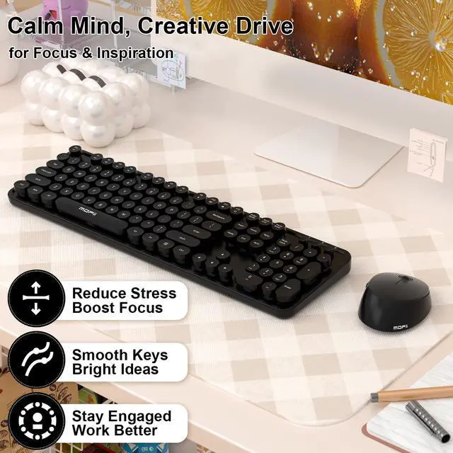Alt view image 5 of 7 - Wireless Keyboard and Mouse Combo, 104 Keys Full-Size Retro Round Keys Typewriter Keyboards Ergonomic Keyboards and Mouse Wireless for Windows, PC, Laptop, Desktop Black