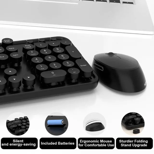 Alt view image 7 of 7 - Wireless Keyboard and Mouse Combo, 104 Keys Full-Size Retro Round Keys Typewriter Keyboards Ergonomic Keyboards and Mouse Wireless for Windows, PC, Laptop, Desktop Black