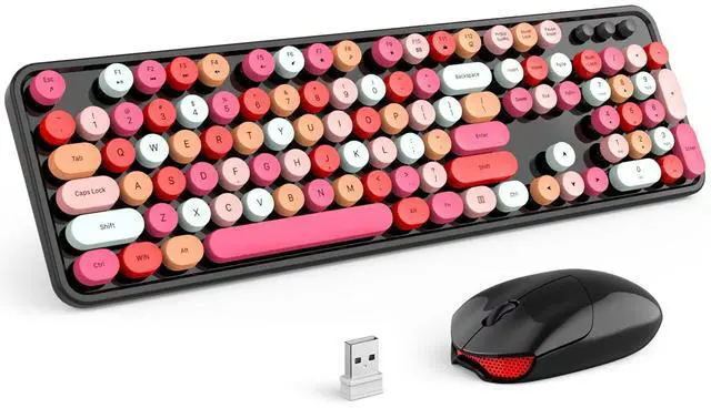 Main image of Wireless Keyboard and Mouse Combo, Black Colorful Retro 2.4GHz Typewriter Keyboard with Cute Round Keycaps, DPI Adjustable Optical Wireless Mouse Compatible with PC Laptop