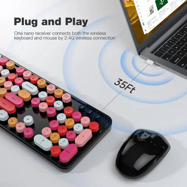 Alt view image 2 of 7 - Wireless Keyboard and Mouse Combo, Black Colorful Retro 2.4GHz Typewriter Keyboard with Cute Round Keycaps, DPI Adjustable Optical Wireless Mouse Compatible with PC Laptop