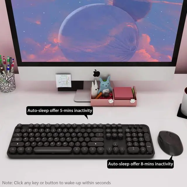 Alt view image 4 of 7 - Wireless Keyboard and Mouse Combo, Cute Full Size 104-Key Typewriter Retro Round Keycaps Keyboard for PC Laptop,Windows,Desktop,Perfer for Home and Office Keyboards (Black)