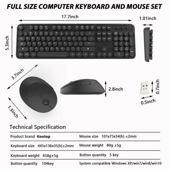 Alt view image 7 of 7 - Wireless Keyboard and Mouse Combo, Cute Full Size 104-Key Typewriter Retro Round Keycaps Keyboard for PC Laptop,Windows,Desktop,Perfer for Home and Office Keyboards (Black)
