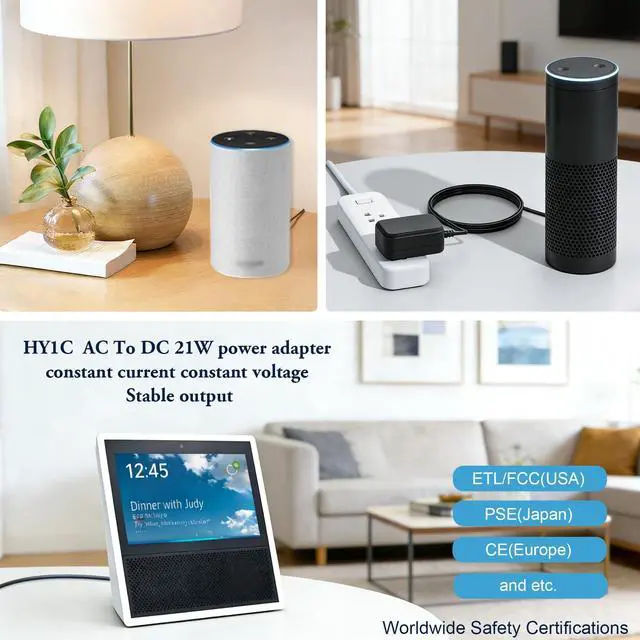 Alt view image 3 of 7 - 21W power supply dapter for Amazon Alexa Echo 1st 2nd Generation, Echo Show 1st Gen, Echo Show 5 (3rd Gen), Echo Plus 1st Gen, Echo Look, Echo Link, Fire TV 2nd Gen, 15V replacement AC power cord