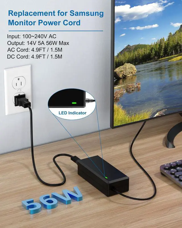 Alt view image 3 of 6 - for Samsung Monitor Power Cord DC 14V 4A for Samsung SyncMaster 32 27" 24" 22" 23" 20" 19" 18" 17" 15 Screen LED LCD TFT Monitor TV Power Supply Cord