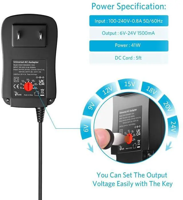 Alt view image 5 of 7 - 41W Universal 6V 9V 12V 15V 18V 20V 24V AC DC Adapter Power Supply with 10 Tips for Household Electronics Router Smart Phone Mp3 Tablets CCTV Cameras - Max. Amps 1.5A 1500mA