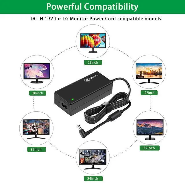Alt view image 4 of 7 - DC in 19V Power Cord for LG Monitor, 19V 3.42A Power Supply Charger, Compatible with 19Volt LG LED LCD HD TV Monitor 19" 20" 22" 23" 24" 27" 32" Widescreen AC Adapter, 6.5 * 4.4mm DC Plug.