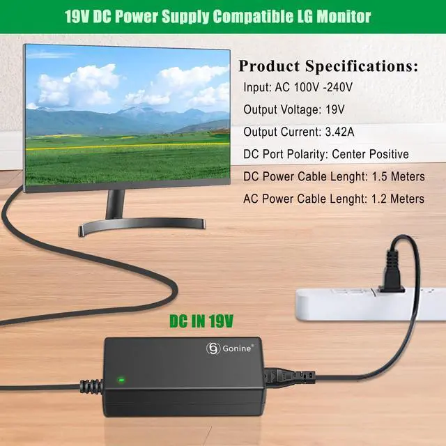 Alt view image 2 of 7 - DC in 19V Power Cord for LG Monitor, 19V 3.42A Power Supply Charger, Compatible with 19Volt LG LED LCD HD TV Monitor 19" 20" 22" 23" 24" 27" 32" Widescreen AC Adapter, 6.5 * 4.4mm DC Plug.